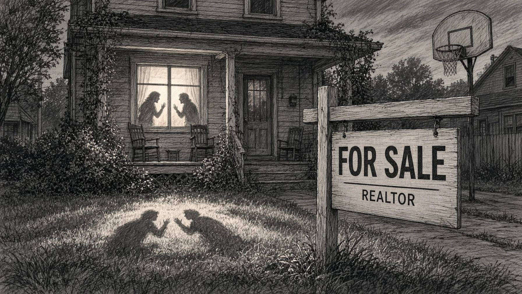 Pencil drawing of a family home at dusk with a For Sale sign in the yard and two silhouettes arguing in the lit front window.