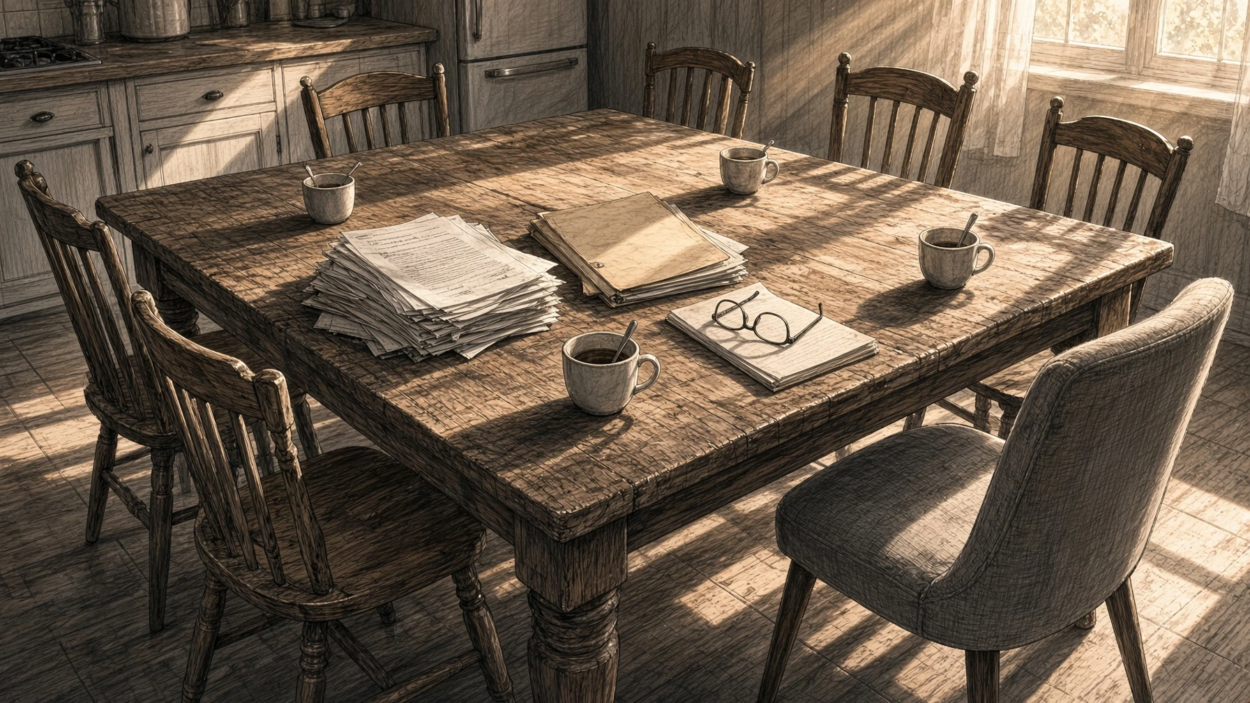 Pencil drawing of a kitchen table after a family meeting: stacks of papers, a folder, reading glasses and cups of coffee, with the chairs pushed back and afternoon light coming through the window.