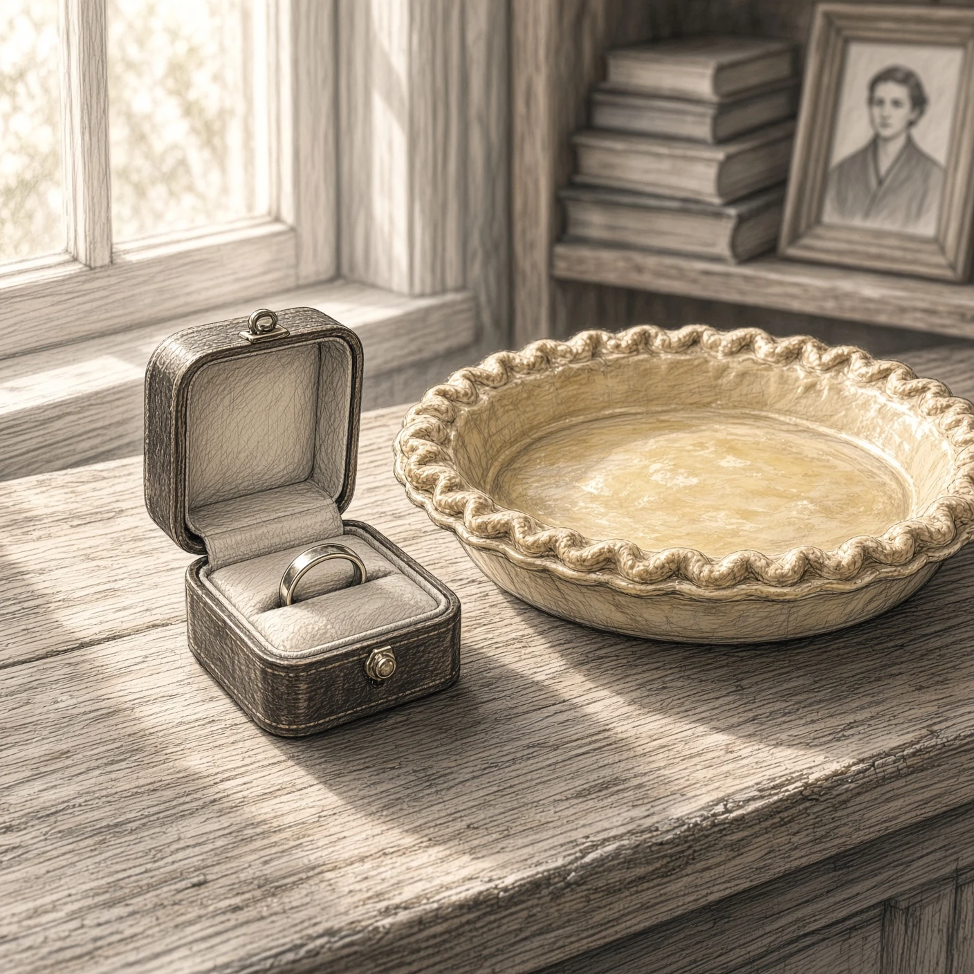 Pencil drawing of an open ring box beside an empty pie plate on a sunlit wooden table, with an old framed portrait on the shelf behind them.