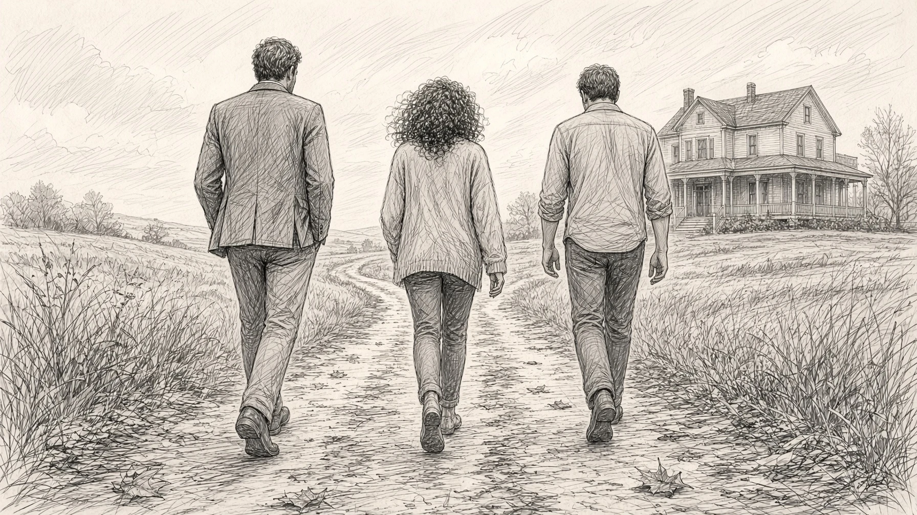 Pencil drawing of three adult siblings seen from behind, walking side by side down a dirt path toward an old farmhouse.