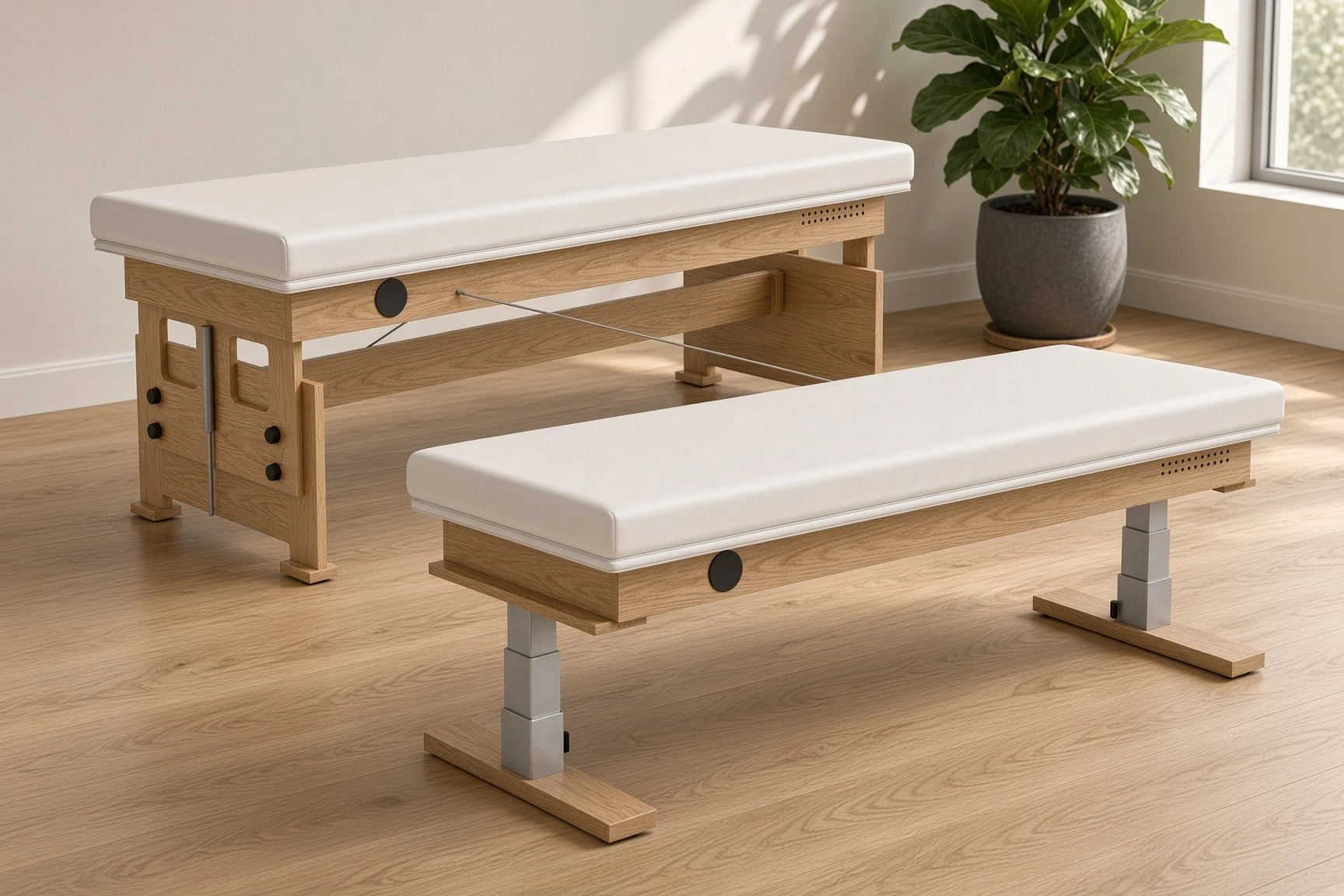 Renderings of Wayne Noel's vibroacoustic table: the standard table on its adjustable legs and the motorized version