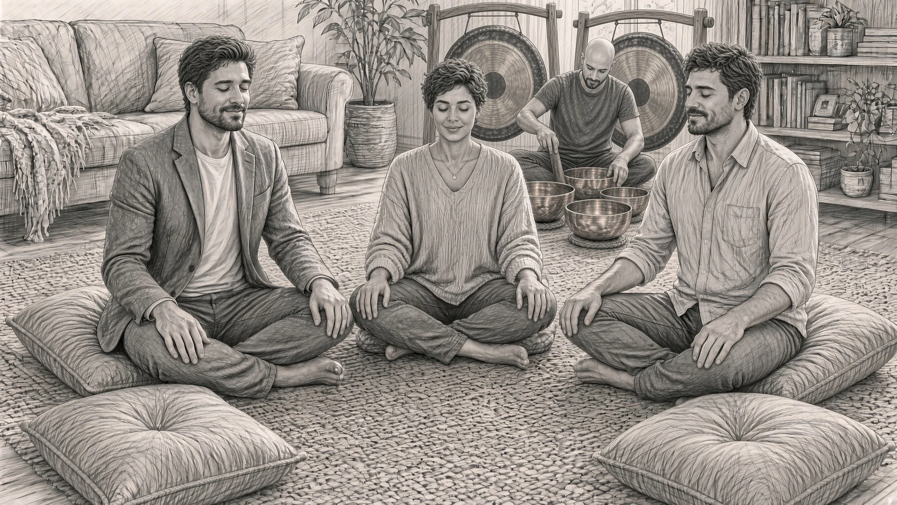 Pencil drawing of three adults sitting on floor cushions with their eyes closed in a living room while a practitioner plays gongs and singing bowls behind them.