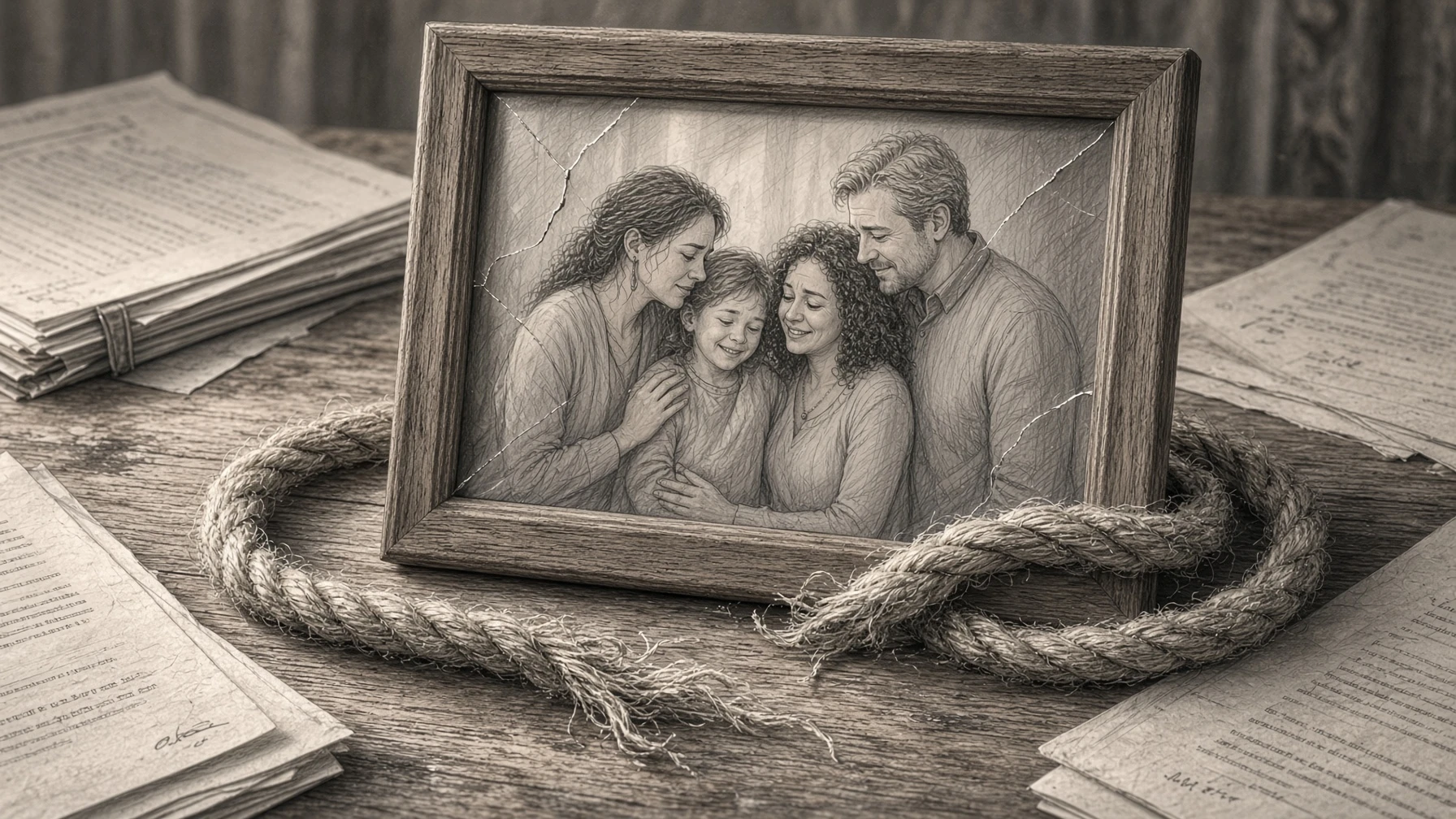 Pencil drawing of a cracked family photo in a wooden frame, circled by a fraying rope and surrounded by stacks of papers.