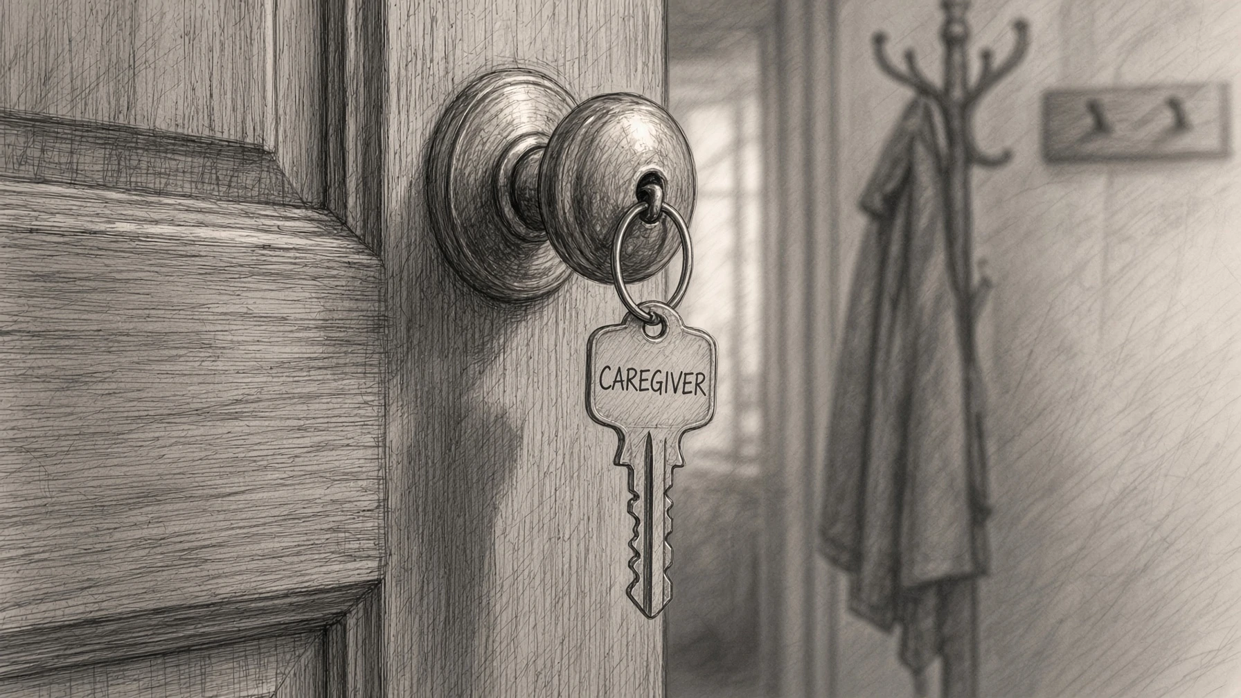 Pencil drawing of a key tagged Caregiver hanging from the doorknob of a half-open door, with a coat on a hook in the hall beyond.